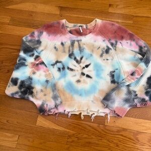 YFB Sweater Cropped Crew Neck Puff Sleeves Distressed Hems Cotton Tie Dye